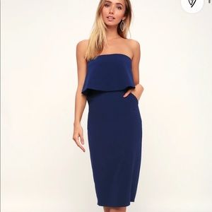 Lulu’s Navy Blue Strapless Midi Dress with Pockets